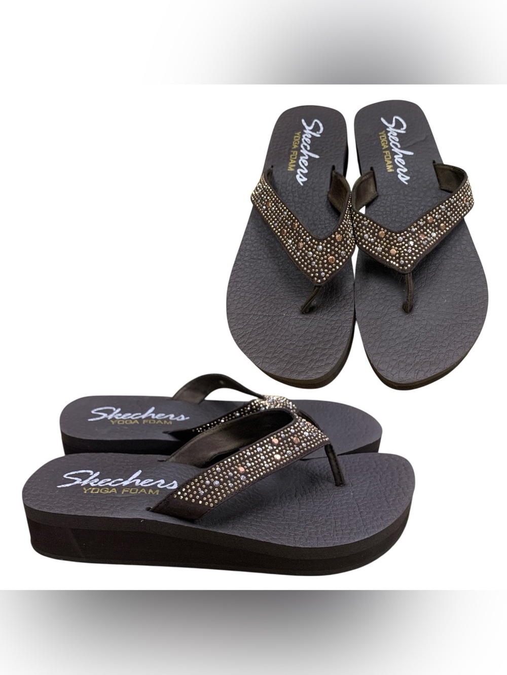 Skechers Black Rhinestone Yoga Foam Wedge Flip Flop Sandals S9